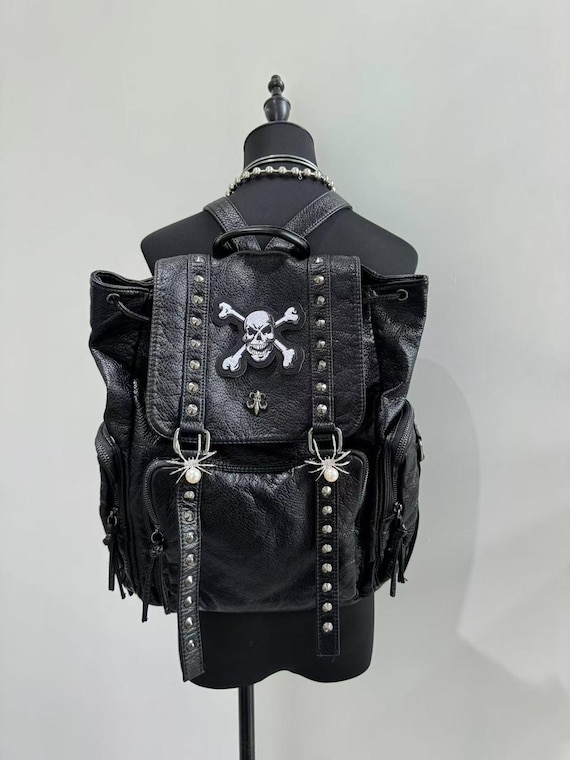 Y2k Goth Skull Patch Backpack: Black PU Leather Laptop Bag - Etsy