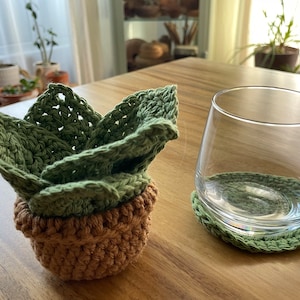 Ensemble de dessous de verre feuille au crochet avec support pour pot | Décoration pour amoureux des plantes Cottagecore