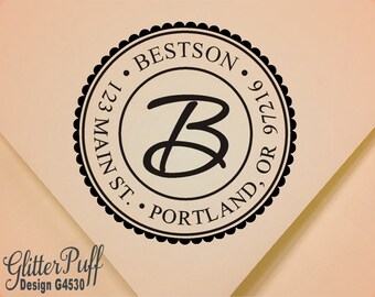 Monogram Address Stamp - Round Self inking Return Address Stamp - (G4530) Wedding Gift Address Stamp