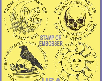 EMBOSS or STAMP Ex libris Library book self inking Embosser Poe Raven Skull Flowers Crescent Moon Crystals Sun Stars bookish gift her him