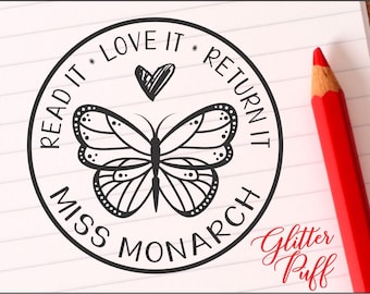 Teacher Classroom Library Stamp - Children Library Book Stamp - Kids Teacher Gift -  Read, Love, Return - Heart, Monarch Butterfly