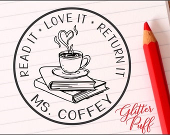 Library of Book Stamp - Coffee or Tea Lover, Gift for her, Personalized - Classroom Books Stamper, Coffee Teacher Gift, Self-inking Stamp