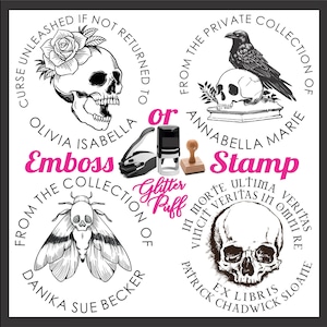 EMBOSS or STAMP Ex libris Latin Library book self inking wood knob Embosser Poe Raven Crow Skull Moth curse bookish gift her him wife poem