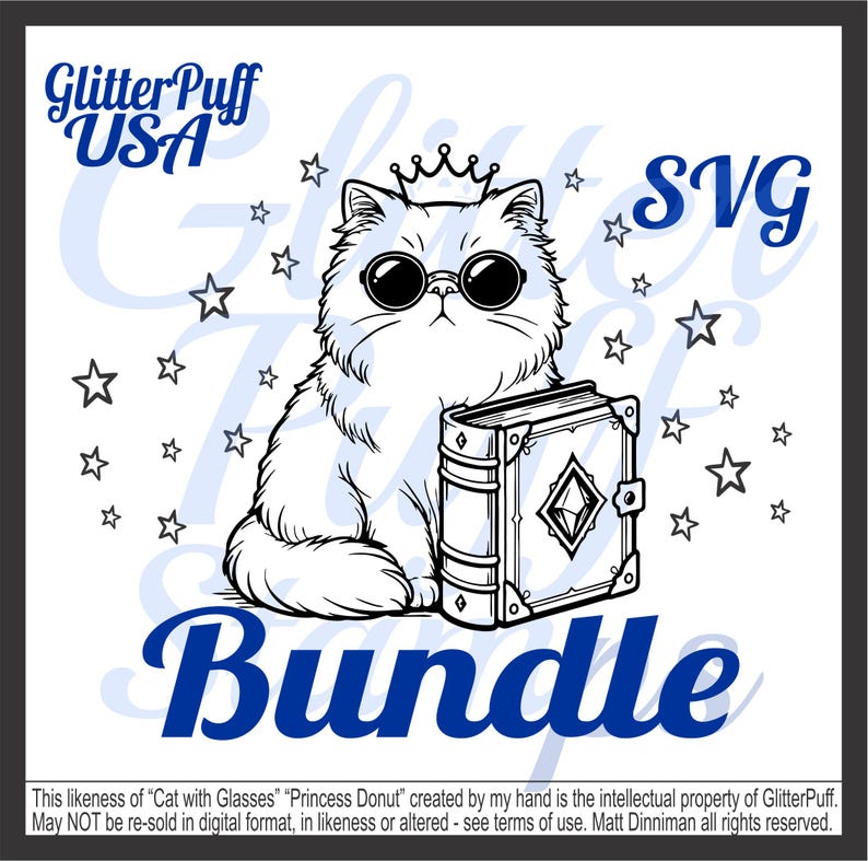 Puede incluir: Un dise&ntilde;o de paquete SVG en blanco y negro con un gato con gafas de sol y una corona, sosteniendo un libro. La palabra "Bundle" est&aacute; escrita en azul debajo del gato. Las estrellas est&aacute;n dispersas alrededor del gato.