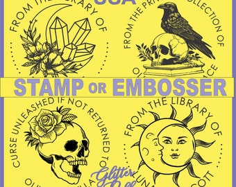 EMBOSS or STAMP Ex libris Library book self inking Embosser Poe Raven Skull Flowers Crescent Moon Crystals Sun Stars bookish gift her him