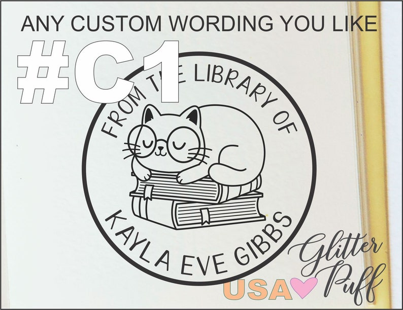 Library Embosser Stamp, Cat Books Tea Coffee Reading Glasses Classroom
