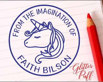 May include: Blue and white round stamp with a unicorn illustration and the text "From the Imagination of Faith Bilsom".