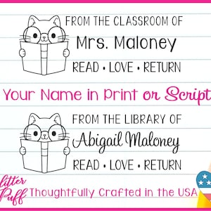 Tampon de lecture pour bibliothèque avec chat, cadeau pour enseignant, école, salle de classe Hello kitten kitty, bibliothèque gratuite pour enfants, enfants à qui ce livre appartient