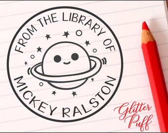 This Book Belongs to - Science Teacher Stamp -  Kids Name Stamp - Custom Library Stamp for Classroom Books - Little Boy Space Planets Saturn