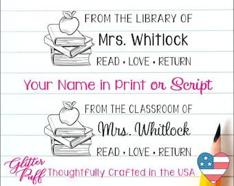 Custom Teacher Stamp - Classroom Lending Library of Stamp - Elementary Teacher Gift, apple Books Stamper, Kids School Book Stamp Self-inking