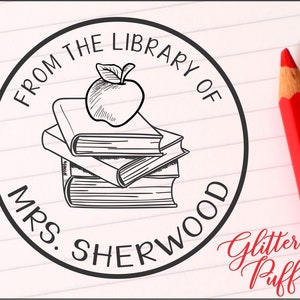 Custom Teacher Stamp - Personalized Class Library of Stamp - Classroom Books Stamper, Apple Teacher Gift, Book Rubber Stamp Self-inking