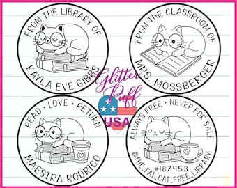 May include: Four circular rubber stamp designs featuring a cat wearing glasses resting on books. Text includes FROM THE LIBRARY OF KAYLA EVE GIBBS, FROM THE CLASSROOM OF MRS. MOSSBERGER, READ LOVE RETURN MAESTRA RODRICO, and ALWAYS FREE NEVER FOR SALE.