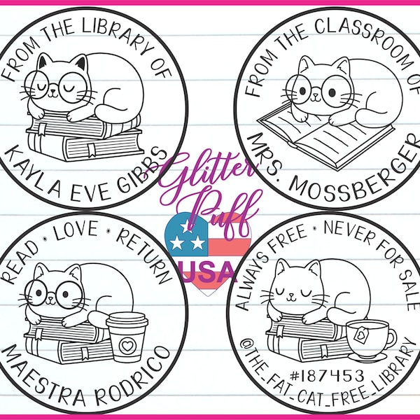 Library Embosser Stamp, Cat books tea coffee reading glasses Classroom Book Stamper, crazy cat lover bookish gift, emboss imprint book pages