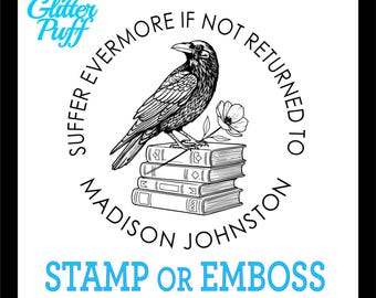 Raven Embosser Stamp - Custom Library Book Stamp : Crow, Books, Flower