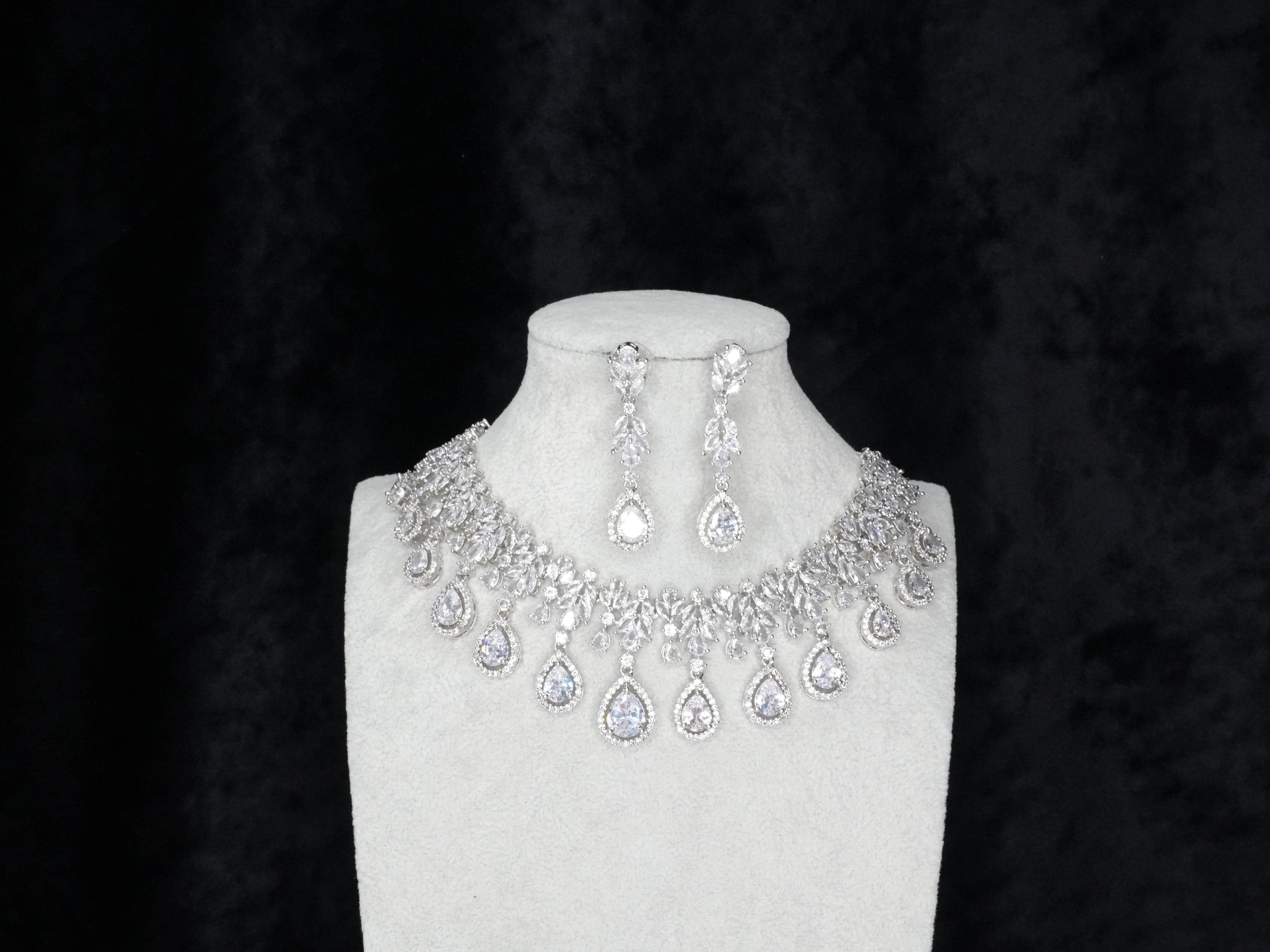 American Diamond Necklace Set/CZ Necklace/Indian Jewelry/ Reception Jewelry/ Bollywood Jewelry/Statement Necklace Set/ Clear Silver