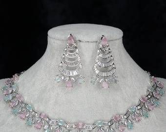 Silver Pink/ Green American Diamond Necklace Set/CZ Necklace/Indian Jewelry/.Bollywood Jewelry AD necklace