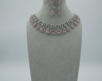 American Diamond Necklace Set/CZ Necklace/Indian Jewelry/ Reception Jewelry/ Bollywood Jewelry/Statement Necklace Set/ Light Pink