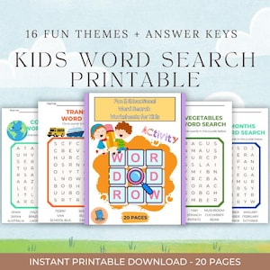 20-Page Word Search Activity Pack for Kids – Themed Puzzles + Answer Keys