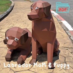 Labrador mom and puppy papercraft printable 3d model PDF Low poly Labrador Puppy and mom papercraft template cute Labrador papercraft