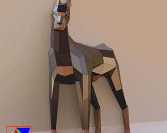 Doberman de papel de baja poligonización / Escultura geométrica de perro DIY (Patrón en PDF)
