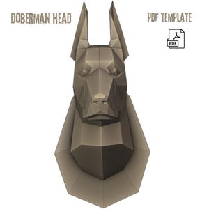 Cabeza de dóberman en papel: Modelo 3D de baja poligonización (descarga digital), para colgar en la pared
