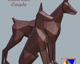 Création en papier d'un couple de dobermans : modèle 3D low poly (téléchargement PDF)