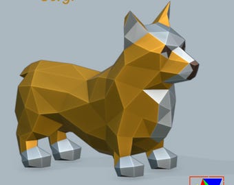 Corgis Papiervorlage, Digitales Muster (PDF Download), Low Poly Hund
