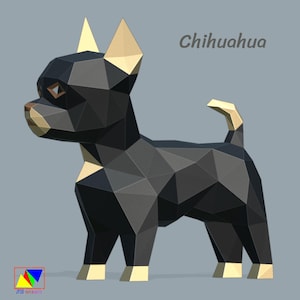 May include: A geometric papercraft Chihuahua dog in black and gold. The dog is made of many triangular shapes, with gold accents on the ears, nose, tail, and feet. The word "Chihuahua" is written in gray text.