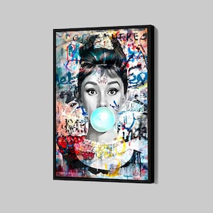 Banksy Audrey Hepburn Canvas Bubble Gum Poster Hepburn Pink Lips Walk Wall Art Street Framed Canvas Print Artwork Home Decor N151