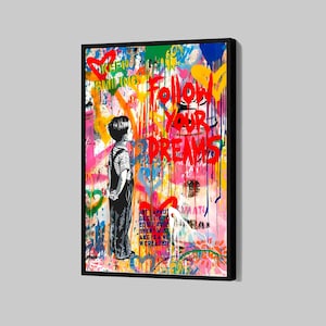 Banksy Follow Your Dreams Canvas Graffiti Boy Poster Graffiti Urban Wall Art Street Framed Canvas Print Artwork Home Decor N156