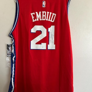 Joel Embiid signed Philadelphia 76&#39;ers Sixers autographed basketball jersey wCOA 2XL 625 *DAMAGE*