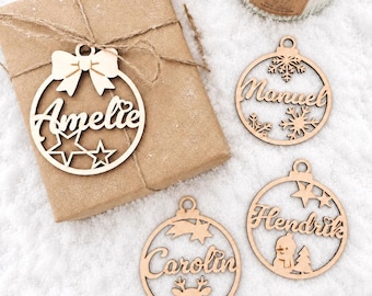 Personalisierte Weihnachtskugel aus Holz – mit Name, 4 Designs, Ø 8,5 cm, Christbaumschmuck, Geschenkanhänger, Weihnachtsbaumschmuck