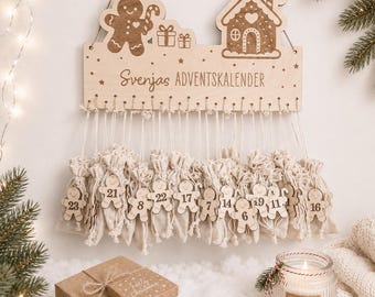 Personalized wooden advent calendar – sign + 24 bags + 24 tags, gingerbread man, reusable, for filling