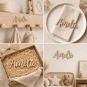 May include: Wooden name sign with the name "Amelie" in a cursive font. The sign is displayed in various settings, including on a wall, a napkin, a gift box, and a coat rack. The overall aesthetic is neutral and natural.