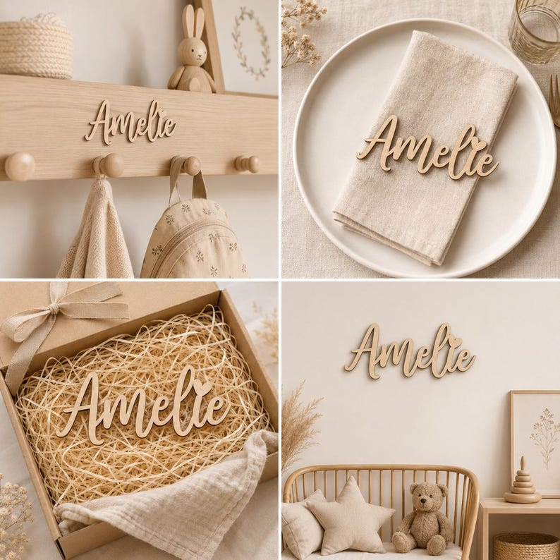 May include: Wooden name sign with the name "Amelie" in a cursive font. The sign is displayed in various settings, including on a wall, a napkin, a gift box, and a coat rack. The overall aesthetic is neutral and natural.