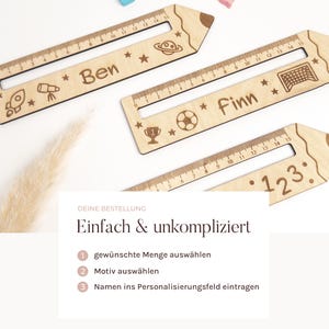 May include: Wooden rulers with pencil-shaped ends, engraved with names and decorative elements. The rulers have measurements up to 15 inches, equivalent to approximately 38 cm.