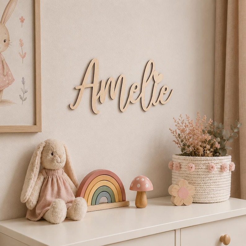 Könnte beinhalten: Holzschild mit dem Namen "Amelie" in Schreibschrift an einer hellen Wand. Ein Plüschhase, ein Regenbogen-Stapler, ein Pilz und Blumendekorationen befinden sich auf einer weißen Kommode. Ein gerahmter Hasendruck und ein geflochtener Korb mit Blumen vervollständigen die Szene.