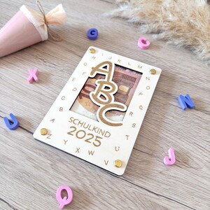 Geldgeschenk zur Einschulung | Holz Karte mit Ausschnitt für Geldschein | Geschenkidee Schulanfang | wählbar: ABC, Stift oder Schultüte