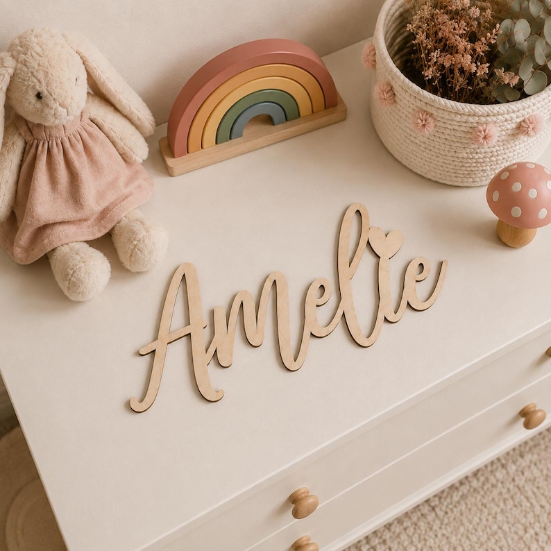 May include: A wooden name cutout that spells "Amelie" in a cursive font, with a small heart above the "i". The name is displayed on a white dresser, alongside a plush bunny, a wooden rainbow, and a mushroom figurine.