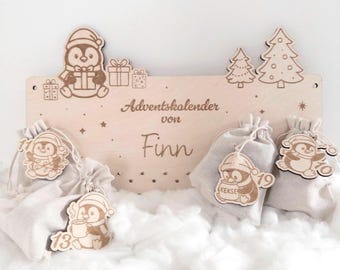 Personalized wooden children's advent calendar – name, reindeer, or penguin | Sign/tag/bag | Sustainable gift for children