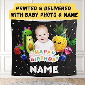 Custom Photo Hey Bear Sensory Backdrop with Name and Birthday Dancing Fruit & Delivered FAST from USA | Hey Bear Decoration Banner