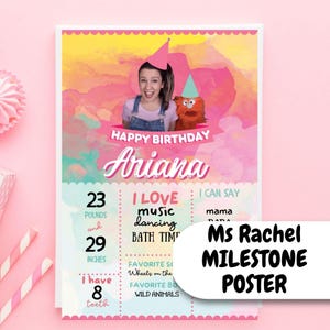 Puede incluir: Un colorido póster de hitos con el texto "Happy Birthday Ariana". El póster incluye una foto de una mujer y un títere, junto con el texto "Ms Rachel MILESTONE POSTER". Enumera datos sobre el niño, incluyendo 10,4 kg y 73,7 cm.