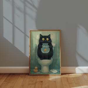 Letrero de gato para baño, póster ilustrado, letreros decorativos para baño, arte de gatos, gato ingenioso, póster felino para decoración de baño
