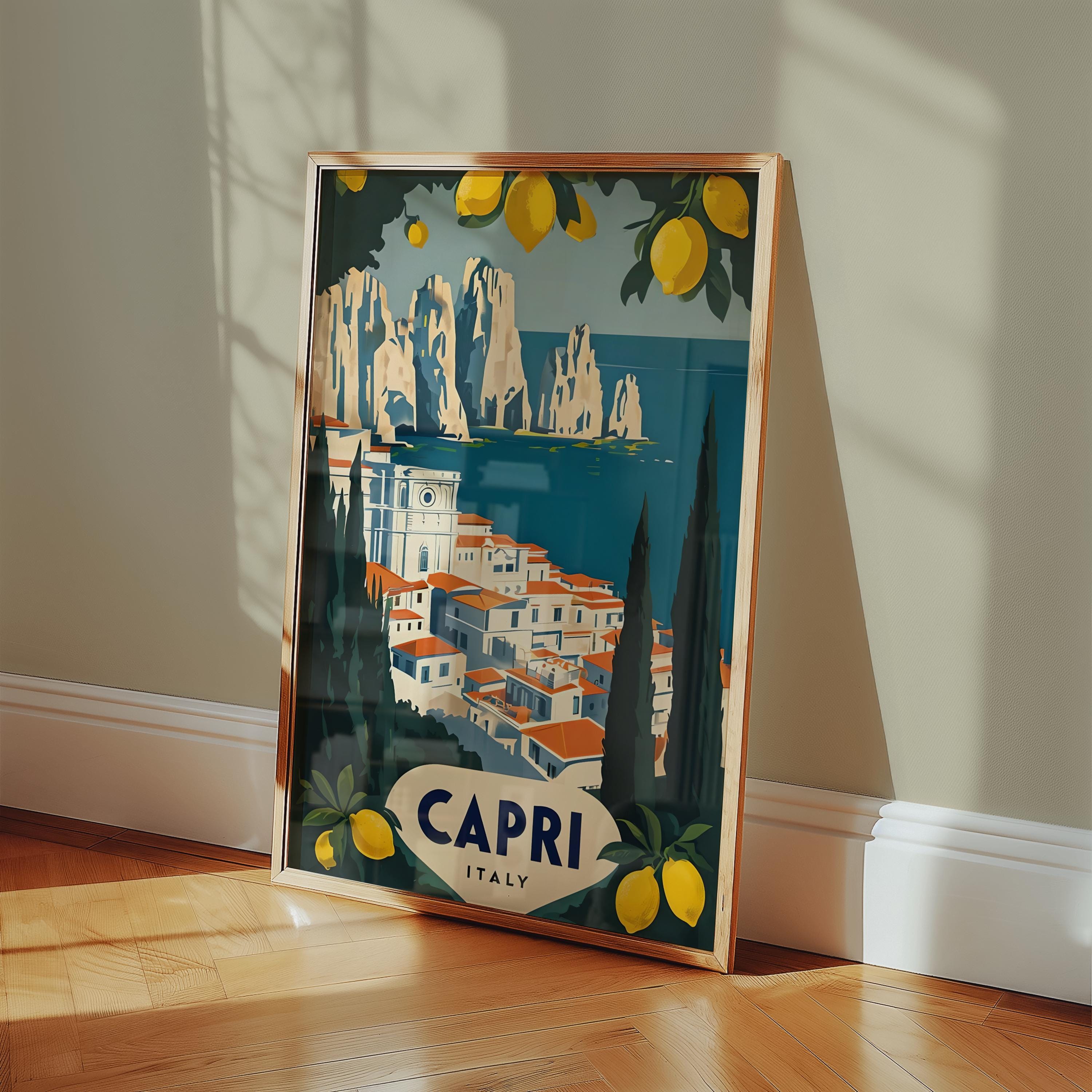 Vintage Capri Art Print, Italian Travel Poster, Lemon Decor, Retro Wall ...