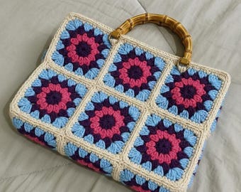 Handmade Crochet Granny Square Tote Bag, Floral Boho Purse with Bamboo Handles