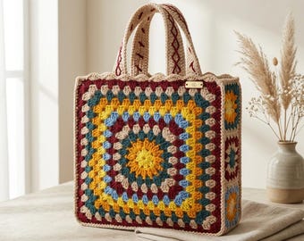 Luxury Crochet Granny Square Tote Bag, Handmade Boho Shoulder Purse, Colorful Yarn Handbag, Unique Gift for Her, Summer Beach Bag