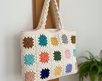 Sac fourre-tout carré au crochet fait main grand-mère, grand sac à bandoulière en coton, fourre-tout bohème du marché, sac à main au crochet coloré, cadeau pour femme