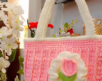 Pink Tulip Crochet Bag Pattern | Textured Handbag Tutorial (PDF Download)