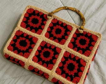 Handmade Crochet Granny Square Bag: Red & Black Boho Tote
