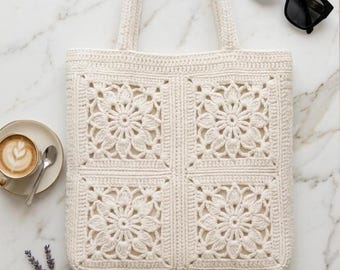 Handmade Crochet Granny Square Tote Bag, Colorful Cotton Yarn, Handmade Cream Boho Chic Summer Market Bag ,Women's Handbag, Gift for her